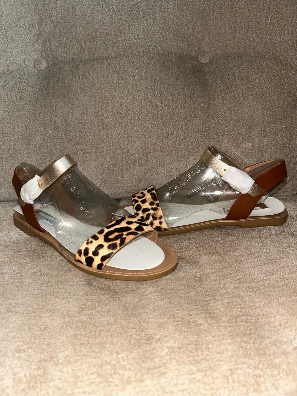 Steve Madden Leopard Print and Metallic Gold Flat Sandals